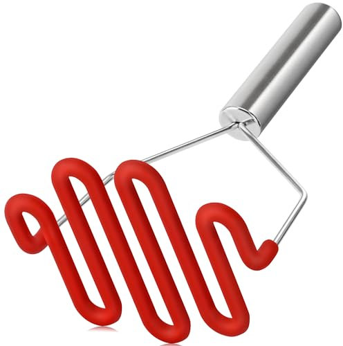 Urbanstrive Non-Scratch Silicone Potato Masher Kitchen Tool, Potatoes Masher Potato Masher Stainless Steel Wrapped in Premium Silicone, Potato Smasher, Red