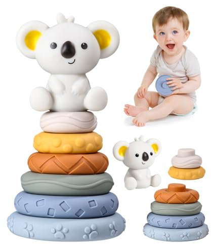 TIDEVAN 7 Stück Stapelspielzeug,Baby Stapelspielzeug mit Ringen Stapelturm für Stapelspiel Koala Früherziehung Spielzeug Geschenke Squeeze Zahnen Babyspielzeug Sensorik Babyspielzeug ab 6 12 18 Monate