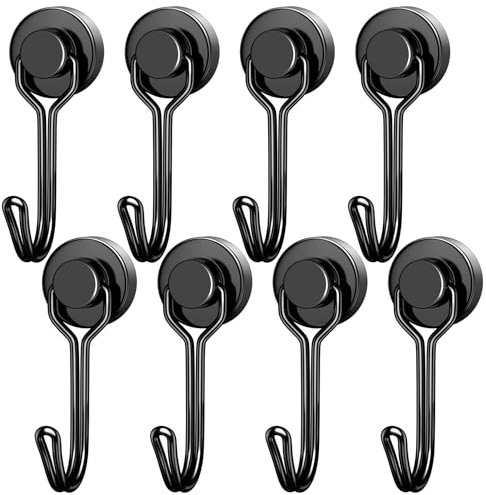 FINDMAG Magnetic Hooks, 8 Pack 30 LBS+ Swivel Swing Neodymium Magnet Hooks, Black Magnet with Hooks Heavy Duty, Strong Magnet Hook for Hanging, Cruise Cabins, Camping