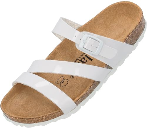 Palado Pantoletten Damen Ikaria – bequeme Sandalen Made in Spain - Hausschuhe mit dämpfendem Kork-Fußbett - modische Sommerschuhe Weiß Lack UK6 - EU39