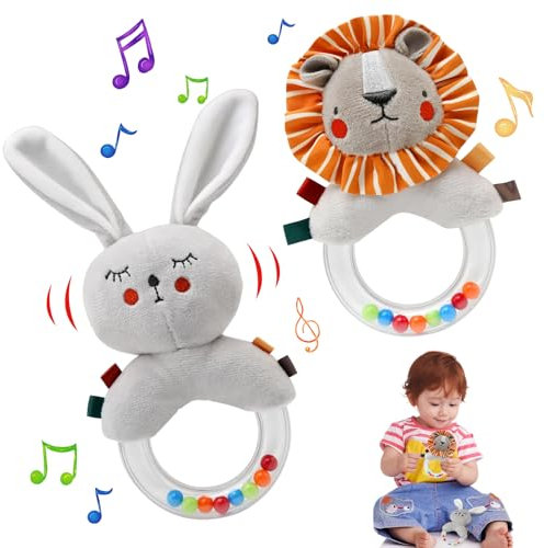 Ballery 2 Stück Baby Rassel 0-6 Monate, Babyspielzeug 0-6 Monate, Greifling zum Rasseln, Baby Rasseln Spielzeug, Rassel Baby Plüschtiere Entwicklungs-Spielzeug