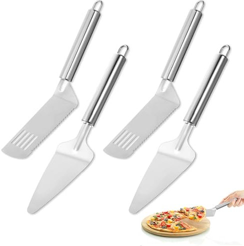 salbsever Set di 4 palette per torte, in acciaio inox lucidato, con bordi seghettati, per cucine, ristoranti, feste