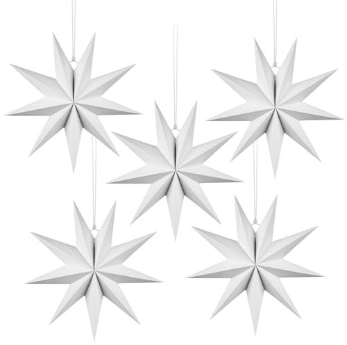 Vicloon 5 Pezzi Stelle di Carta da Appendere, 50cm Decorazione Stella di Carta 9 Punte, 5D Addobbi Natalizi Stella per Decorazione Finestra, Natale, Avvento, Festa, Compleanno, Matrimonio(Bianco)