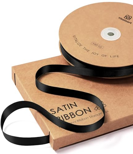 Vitalizart 3/8 x 100Yd Black Satin Ribbon Thin for Crafting | Double-sided Polyester Fabric Ribbon for Bouquet & Decoration, Satin Ribbon with Storage Box Convenient to Use & Store