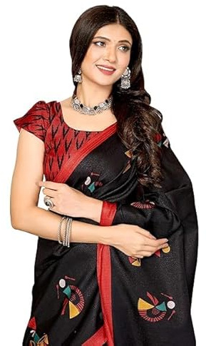HAZDEAL Women's Woven Elegant Printed Art Silk Saree with Matching Blouse Material-Perfect for Festive Special Occasions, (Black)
