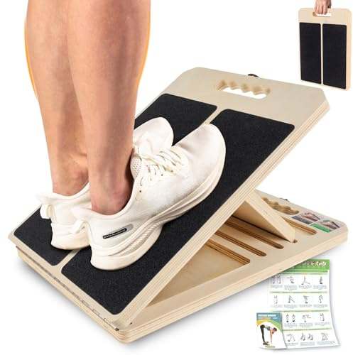Wadendehner Schrägbrett aus Holz, Slant Board mit 5 Winkeln und Trainingsposter, Verstellbar Wadenstrecker mit Tragegriff, Mobility Balance Board für Wadenstreckung