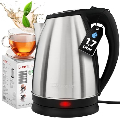 Bollitore Clatronic in acciaio inossidabile, 1,7 litri | Senza BPA | 2200 W | Bollitore in acciaio inossidabile | Base con avvolgicavo | Elemento riscaldante nascosto | WKS 3830