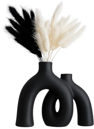 Matte Black Ceramic Vase Set - Modern Hug Donut Ceramic Vases by JAS & JAX GOODS, Minimalistic Nordic Home Decor Centerpiece for Console Tables, Living Room, Bookshelf, or Fireplace Mantel