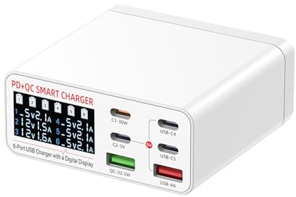 Denash Estación de Carga USB, Cargador de Escritorio Multifunción con Pantalla Digital Inteligente de 6 Puertos con Potencia de Salida Total de 55 W, para Múltiples Dispositivos, como (Enchufe de la