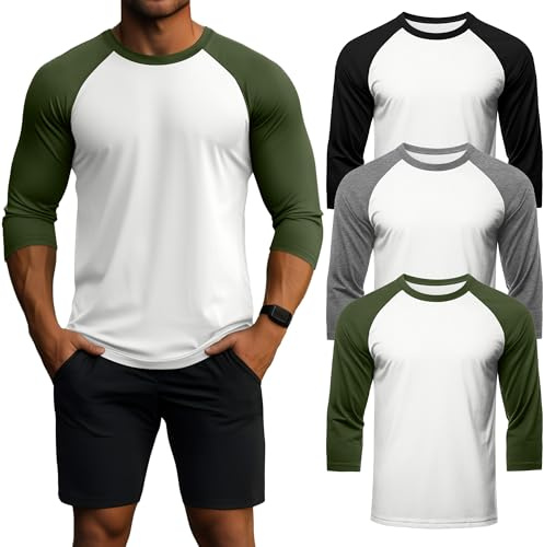 Geyoga Lot De 3 T-Shirts pour Homme À Manches 3/4, Col Rond, Style Baseball, Respirants Et Sportifs