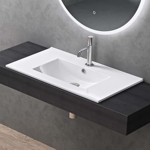 doporro Lavabo à Encastrer Vasque Lave-Mains Rectangulaire Blanc 81x47x18cm | Céramique, pour Salle de Bain, Brüssel912