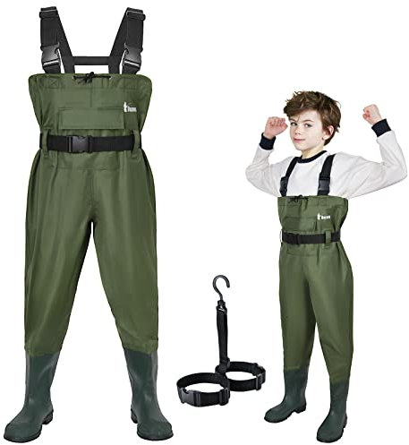 Ouzong Wathose für Kinder, leicht, gerolltes Nylon und PVC, für Jungen und Mädchen, Armeegrün wasserdichte Wathose für Kinder, grün, 8/9