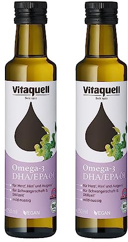 2 x Vitaquell Omega 3 DHA/EPA Öl, 250 ml vegan mit Algenöl - reich an Docosahexaensäure (DHA) und Eicosapentaensäure (EPA)