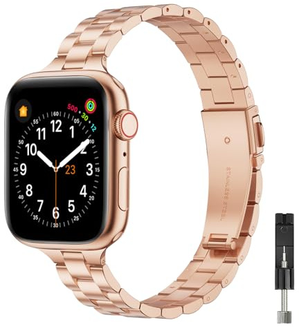 OMIU Thin Bands Compatible with Apple Watch 40mm 38mm 41mm 42mm (Series 10 11), Stainless Steel Metal Replacement Adjustable Wristband Strap for iWatch Ultra3/2/1 SE1/2/3 Series 9/8/7/6/5/4/3/2/1 Women