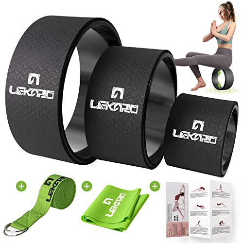 Yoga Wheel Set for Back Pain, 3 Pack Stretching Back Roller Wheel with Yoga Strap & Resistance Band, Great for Improving Flexibility & Backbend, Deep Tissue Massage, Size 13/10.5/6.5''