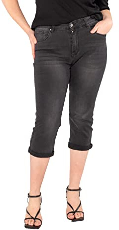 Nina Carter P200 dam caprijeans, stora storlekar, hög midja, jeans, sommarbyxor, använd look, Mörkgrå (P200-3), 44 plus size