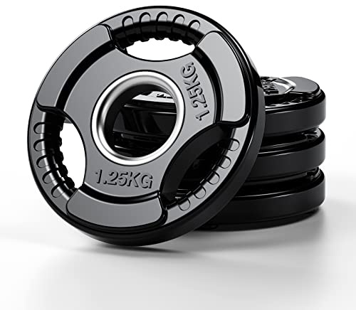 PhysKcal Olympiska Viktskivor Set med 4 x 1.25kg med Gummifinish 2'' Öppning och Tri-Grips, Svarta Skivstångsskivor i Par eller Singel för Lyft och Styrketräning
