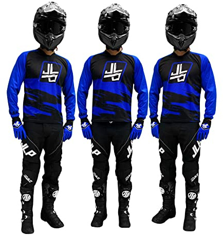 JLP RACING Tenue Enfant Pantalon Maillot Gants Moto Cross Quad Enduro VTT BMX MTB Taille Enfant 10 12 Ans Snatch Bleu XXL