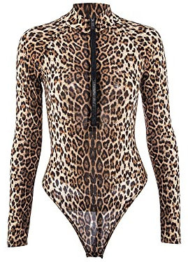 TTPSRY Body Damen Rollkragen Bodysuit Langarm Weich Stretchy Tops Leopard Print Slim Fit Sexy V-Ausschnitt Reißverschluss vorne Leotard Jumpsuit Perfekte Kleidung für Casual Partywear (M)