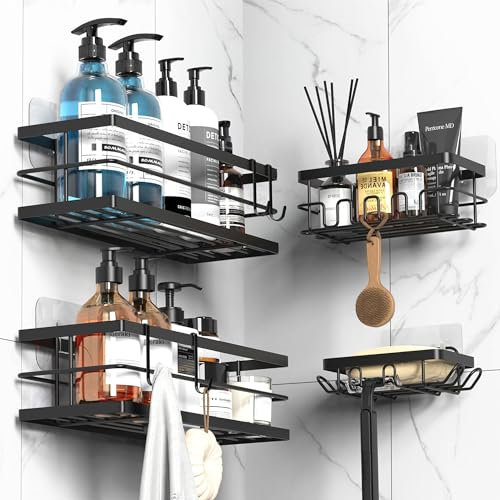Cooeco 4 Pack Large Shower Caddy, Adhesive Bathroom Storage Caddy Rack, Black Stainless Steel Shower Basket for Kitchen Storage