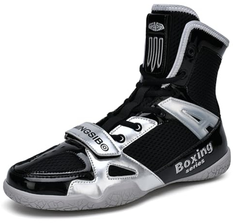 Youngtie Chaussures de Boxe pour Hommes Chaussures de Lutte Professionnelles Chaussures de Boxe pour garçons Chaussures de Sport Noir-Argent EU 30