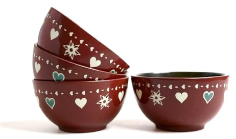 Anytime Set of 4 Red Ceramic 450ml Heart Design Cereal Bowls. Microwave and Dishwasher Safe