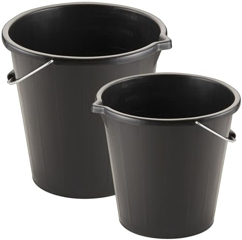 Black 14 Litre Plastic Bucket 3 Gallon Water Storage Cement Mixing Bucket With Strong Metal Handle Multipurpose For Cleaning, Builders, Animal Feed & Water (2)