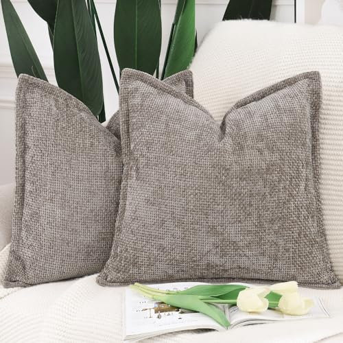 Madizz 2er Set Chenille Samt mit Rand Kissenbezüge Weiche Dekorativ Zierkissenbezüge Modern Kissenhülle für Sofa Wohnzimmer Schlafzimmer Taupe 50x50 cm