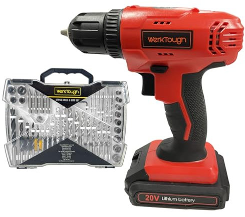 Werktough Cordless Drill Driver 20V Lithium Battery 1500MA 1h Fast Charger with 57pcs Deluxe Drill bits Tool Box
