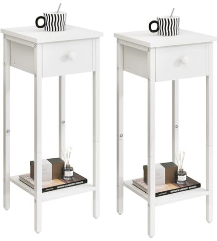 IBUYKE 2er Set Nachttisch, Schmal Nachtschrank, Hoch Beistelltisch mit Einer Schublade, Verstellbarer Füße, 25x25x71 cm, Modern Sofatisch für Wohnzimmer und Schlafzimmer, Weiß TMJ417W-2