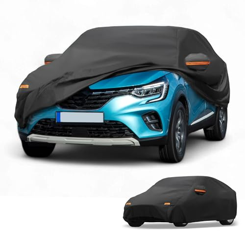 Partuto Funda de Coche Impermeable para Todo Clima Protección Solar y contra la Lluvia Exterior Completa para Renault Clio 1990-2024 210D-PU Negro con Franjas Reflectantes