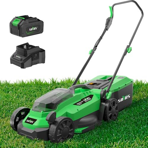 SOYUS Tondeuse à gazon électrique sans fil, 33 cm 20 V avec moteur sans balais, tondeuse à gazon 2 en 1, réglage de la hauteur à 5 positions, batterie 4,0 Ah et chargeur inclus