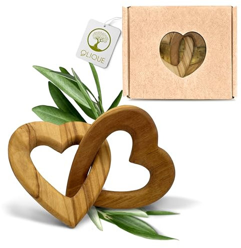 OLIQUE Holzherzen, Olivenholz - Verbundene Holz Herzen als individuelles Geschenk zur Hochzeit, Hochzeitstag oder Verlobung (5 cm)