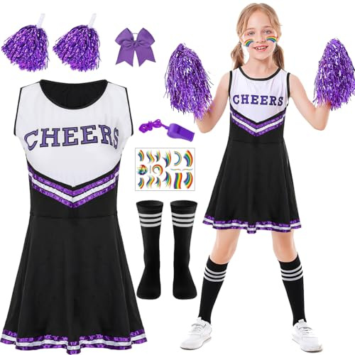 Disfraz de Animadora para Niños,Traje Animadora Niña con Pompones Calcetines y Lazo,Silbato,Uniforme Cheerleader,Disfraz Cheerleader para Carnaval Cosplay Competición Deportiva y Fiestas (morado, 130)