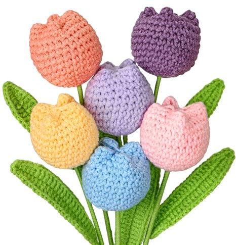 DEMIUKO 6 Stück Künstliche Tulpen Gehäkelte Blumen Häkeln Gehäkelte Kunsttulpen wie echt Weiche Strick Pflanzen Gestrickte Fake Tulpe Blumen Geschenk für Mama Freunde Zuhause Büro Vase Deko (Bunt)