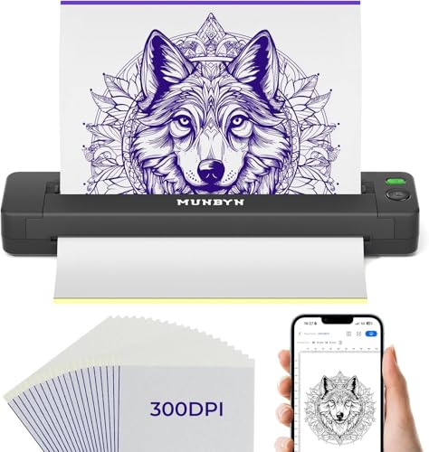 MUNBYN 300DPI Stampante Stencil Tattoo ITP06, 2600 mAh Stampante Termica Tattoo Wireless con 20 Pezzi di Stencil per Trasferimento, Compatibile con Smartphone e PC, Per Tatuatori e Principianti