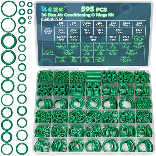 KEZE 595-teiliges O-Ring-Set für Klimaanlagen, 36 verschiedene Größen von Gummi-O-Ringen für die Reparatur von Kompressoren und Rohrleitungen in Fahrzeugklimaanlagen, ID: 3–22 mm (grün)