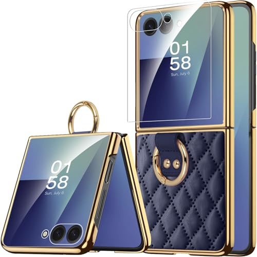 Miimall Étui pour Samsung Galaxy Z Flip 7, [Verre Trempé HD], PU Cuir Souple+PC Rigide Robuste Antichoc Résistant aux Rayures Antidérapante Élégant Ultra-Fine Coque Flip 7 avec Bague (Bleu)