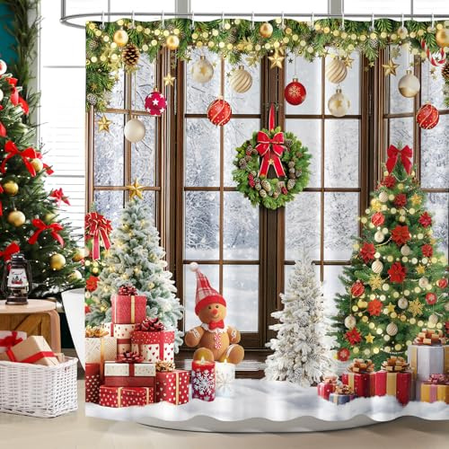Dazzlewall Christmas Shower Curtain 180 x 180 cm, Christmas Wreath Xmas Tree Snowy Window Gift Bathroom Curtain, Waterproof Mould Resistant Fabric with 12 Hooks