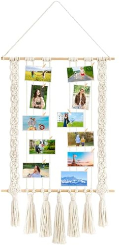 Dwitkul Portafoto Da Appendere con 30 Clip in Legno Porta Foto da Muro Multiplo Appendi Foto da Parete Portafoto in Macramè Cornice per Collage Boho Decorazione Senza Tracce