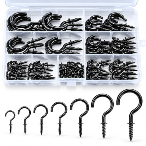 KINGLAKE 115 Pcs Black Screw in Hooks (7 Sizes), Mug Cup Hooks Wall Ceiling Hook for Wood, Under Cupboard, Cabinet Shelf, Hanging Plant and Kitchen Utensils