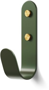 The Hairpin Leg Co. J-Hook Coat & Wall Hook, Forest Green & Brass, Single | Oversized curved 133mm steel hook; holds 15kg; 58mm projection; contrasting caps; fixings & drilling template; indoor only