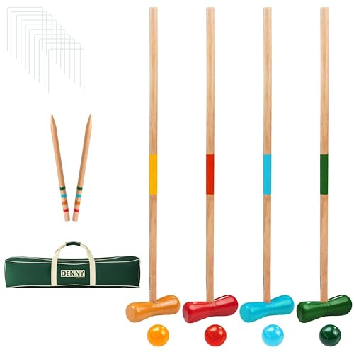 Crystals Wooden Croquet Set for 4 Players – Outdoor Garden Lawn Game with 4 Wooden Mallets, Coloured Balls, Wickets & Stakes | Family Backyard Game Set for Adults