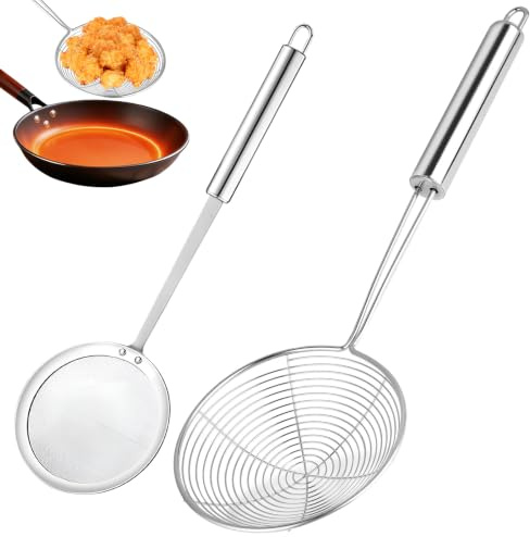 Qaestuan 2 Piezas Espumadera, Espumaderas de Cocina, Espumadera Araña Acero Inoxidable, Cuchara de Filtro con Mango Largo, Extrafina Colador Alimentos, para Cocinar, Asar, Guisar, Olla Caliente