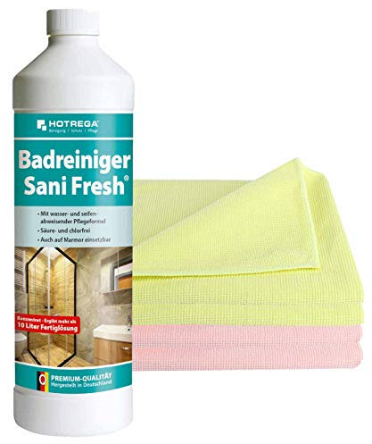 HOTREGA Badreiniger Sani Fresh Konzentrat 1L + 4 Microfasertücher - Materialschonender Kalk- & Seifenentferner für Bad & WC