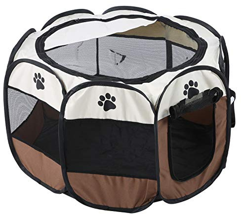 lyrlody Tenda Pieghevole per Animali Domestici, Casa in Rete a 8 Pannelli Box, Recinto per Animali Domestici con Ante con Cerniera per Interni, Esterni, Viaggi, Campeggio, 68 x 45 cm(caffè)