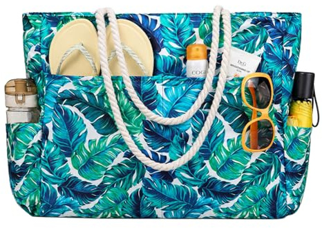 RAVUO Bolso Playa Grande XXL Familiar, Impermeable Bolso Playa Mujer con Cremallera Ligero Bolso Shopper Bolso Tote para Natación, Deporte y Viajes,Hoja Verde