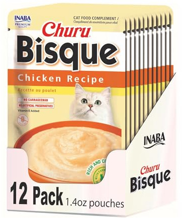 INABA Churu Bisque for Cats, Creamy Lickable Purée Side Dish with Vitamin E, 1.4 Ounces per Pouch, 12 Pouches, Chicken Recipe