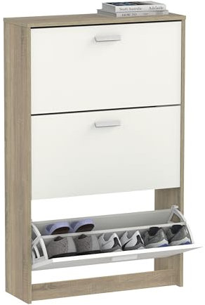 MUEBLES PITARCH | Zapatero Recibidor Mueble Auxiliar Estrecho 3 Puertas para Entrada Blanco y Roble Cambrian, 18 Pares de Zapatos, 82x74x25cm, Colección Tibet