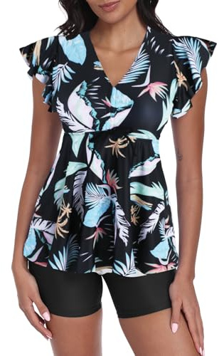 ECUPPER Womens Tankini Swim Dress with Sleeves Modest Two Piece Swimsuits Tummy Control Bathing Suit Floral Printed Swim Tops and Shorts Black XL